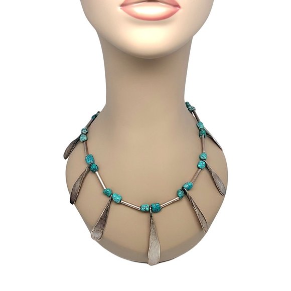 Sterling Silver Turquoise Bead Hammered Dangle Necklace #11698 - Picture 7 of 7